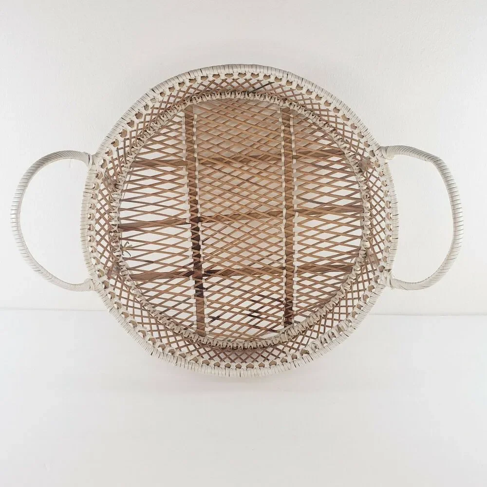 Round Basket w/ Handles White Accents Woven Rattan Wicker Rattan Wall Art